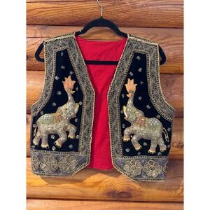 Unique Embroidered Elephant Vest Black Red Velvet M